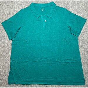 Joan Rivers Linen Polo Womens 2X Teal Short Sleeve Knit Shirt Extra Button New